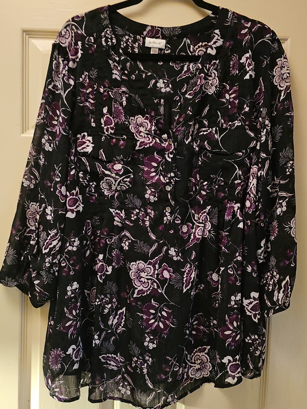 Avenue Black Floral Tunic Blouse with Purple & White Pattern